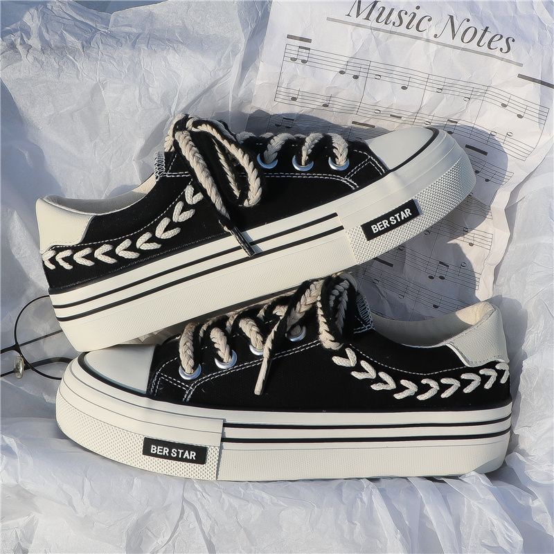Giày Thể Thao Vải canvas Đế Dày Thời Trang Phong Cách Hong Kong Cho Nữ Màu Trắng Đen