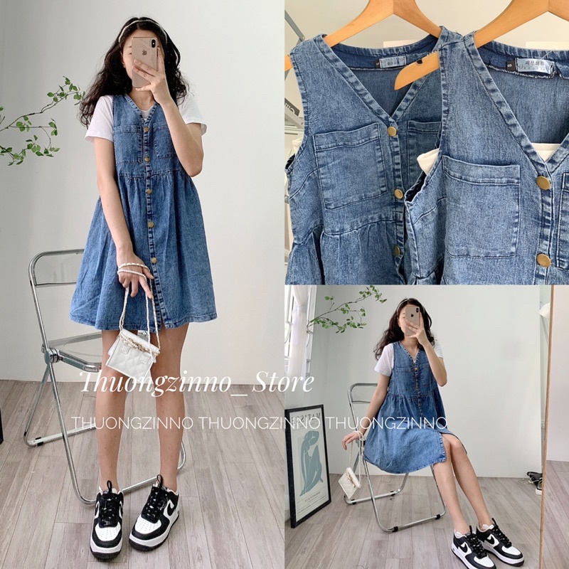 [Ảnh thật/Video]Váy Denim sát nách Dáng Rộng Phong Cách Cổ Điển Váy bò không tay Thời Trang Hàn