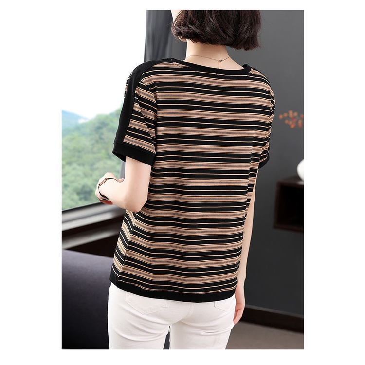 Áo phông ngắn tay họa tiết sọc rộng rãi thời trang mùa hè cho trung niên