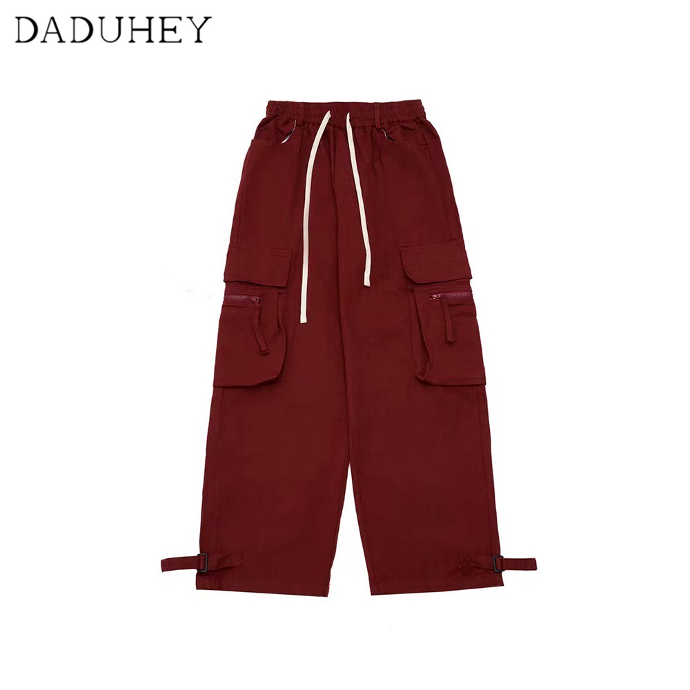 DaDuHey Men's and Women's 2022 Autumn Trend Multi-Pocket Cargo Pants Fashion Brand Red and Black Couple Loose Casual Pants