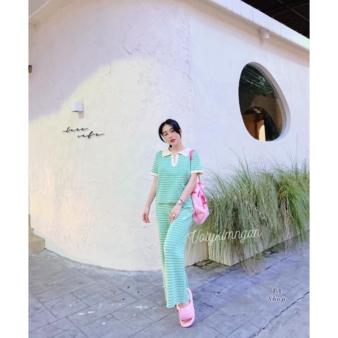 Set Bộ Len Áo Cổ Bẻ Mix Quần Ống Loe Nhẹ Hoạ tiết, Len Mongtoghi Mềm Mỏng