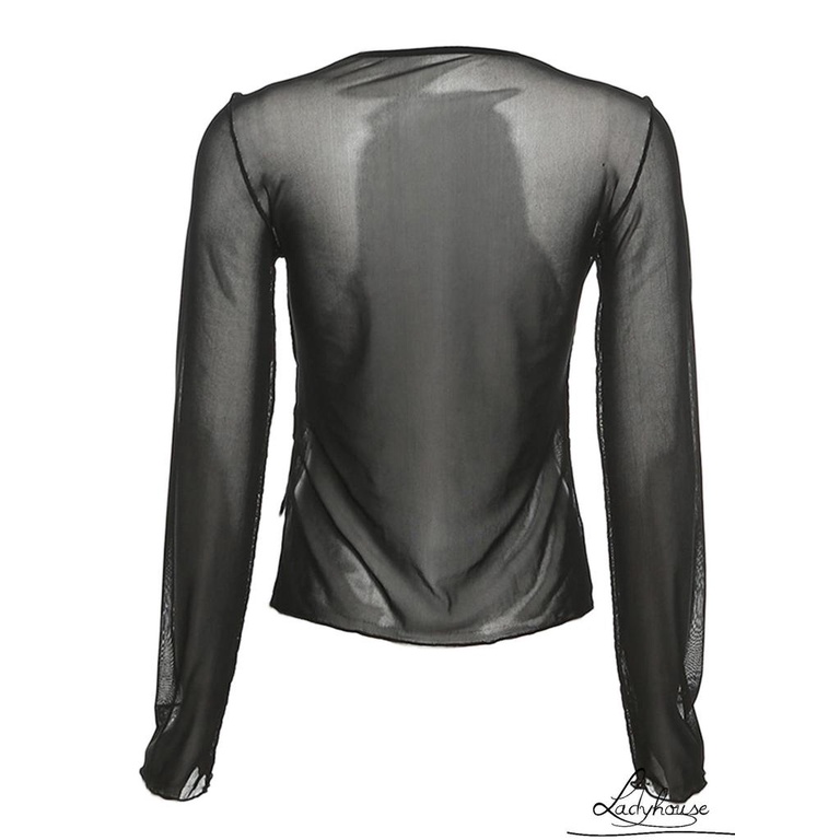 Áo Thun Tay Dài Phối Lưới Màu Sắc Trơn Có Dây Đeo Có Thể Điều Chỉnh Quyến Rũ Cho Nữ