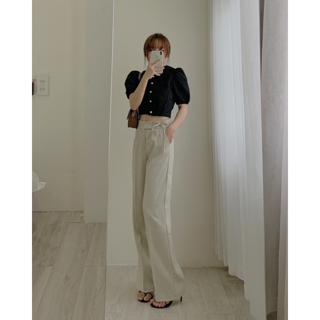 Quần ống rộng nữ, Quần ống suông nữ lưng cao eo buộc nơ vải Ruby dày dặn dáng culottes