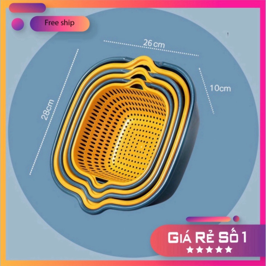 Bộ 3 Rổ Nhựa Kèm Chậu Chất Liệu Nhựa ABS Cao Cấp, Thiết Kế Tai Cầm Và Tai Rót Nước Siêu Tiện Dụng