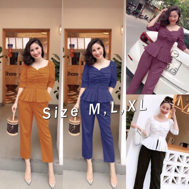 Set nguyên bộ áo peplum tà xếp ly phối nút bọc xinh xắn