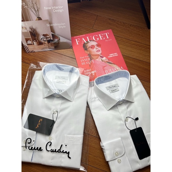 Sơ mi dài tay trắng tinh khôi nhà Piere Cardin hàn, chất cotton vân chéo, dáng slimfit, vạt bầu