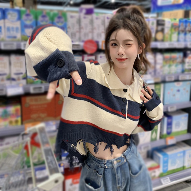 Áo Len Croptop Tay Dài Sọc Ngang Phong Cách Hàn Quốc