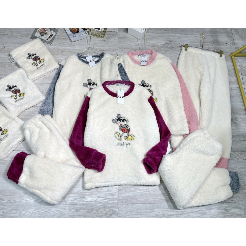 Bộ mặc nhà nữ, bộ ngủ nữ hình chuột Mickey lông 2 mặt kèm túi đựng xinh xắn chất đẹp, thoáng hút mồ hôi
