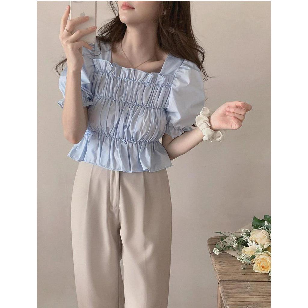 Áo Kiểu Trễ Vai Cổ Vuông Xếp Ly Tay Ngắn 51080