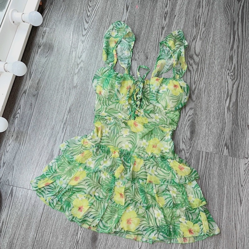 Đầm 2 Dây Cánh Tiên Babydoll Kẻ Caro Hồng 2 Tầng Bèo Vai Đính Hoa Nổi Freesize