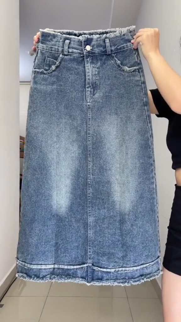 Chân váy jean dài KABICO midi phong cách, chân váy dài tua gấu cạp cao tôn dáng A26 | BigBuy360 - bigbuy360.vn