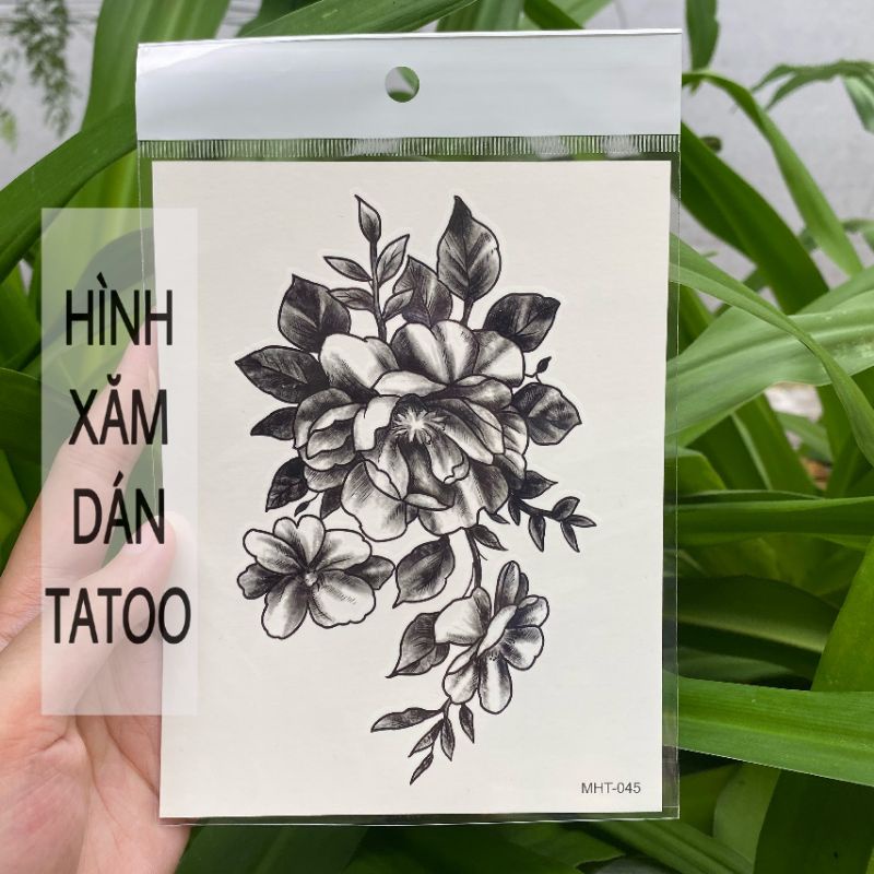 Hình xăm hoa trắng đen đẹp vòng cổ tay MHT45 size bàn tay to &lt; 12x16cm. Boss tatoo - xăm dán tạm thời