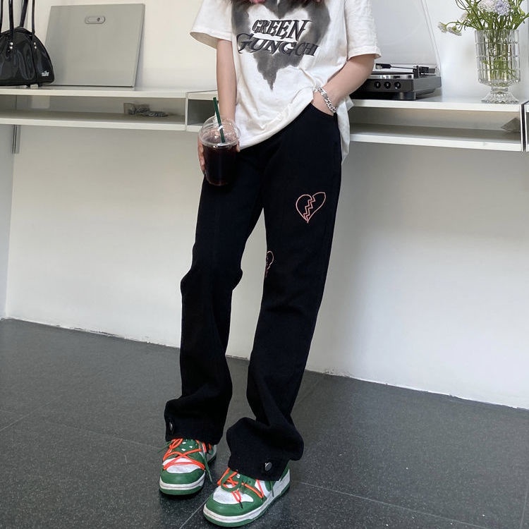 Quần Dài Ống Loe Thêu Hình Trái Tim Phong Cách Đường Phố Thời Trang Đường Phố
