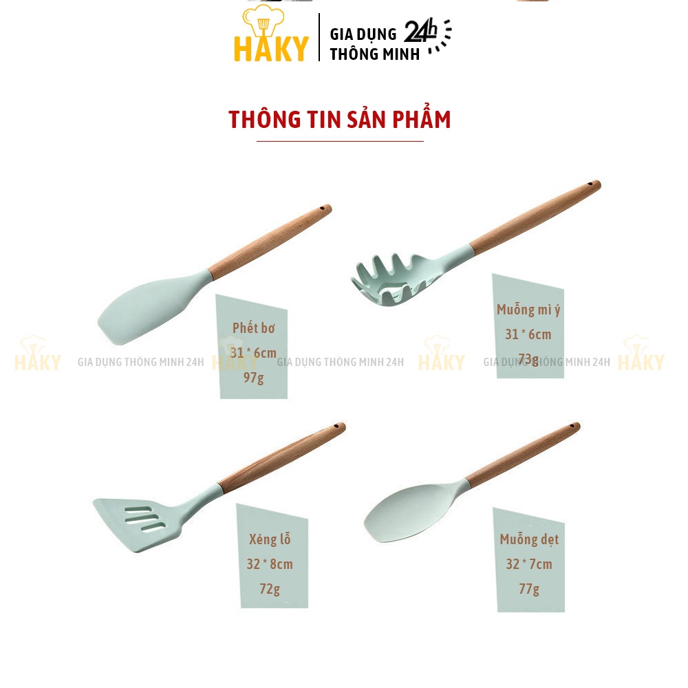 Bộ dụng cụ nấu ăn, làm bánh 11 món silicon y tế an toàn HAKY001, chịu nhiệt tốt, độ bền cao, chuôi gỗ chắc chắn