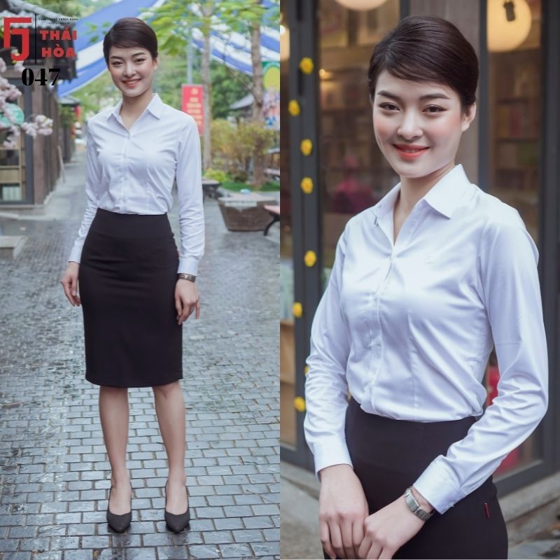 Áo sơ mi nữ công sở trắng đẹp dài tay kiểu bigsize vải sợi tre Thái Hoà 8919-01-01