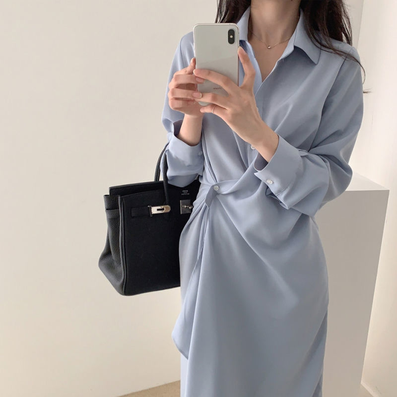 Design sense irregular shirt skirt women's spring and autumn mid length temperament waist slim dress DS020