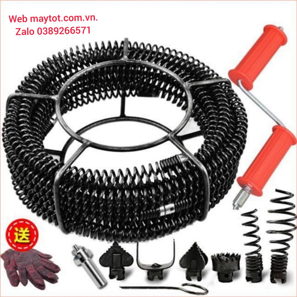Bộ sản phẩm dây thông cống phi 16 ( bao gồm dây lò xo phi 16 + 6 đầu thông + 1 đầu kết nối + 1 tay quay )