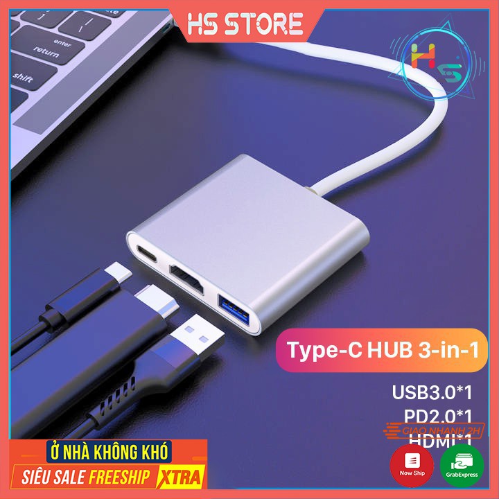 Hub Type C 3in1 - Cổng chuyển đổi HUB USB Type-C to HDMI, USB 3.0, PD Type-C cho Laptop Macbook, Điện thoại, Samsung Dex