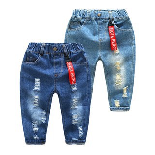 Quần jean lưng thun dáng suông wash rách bé trai - tiny