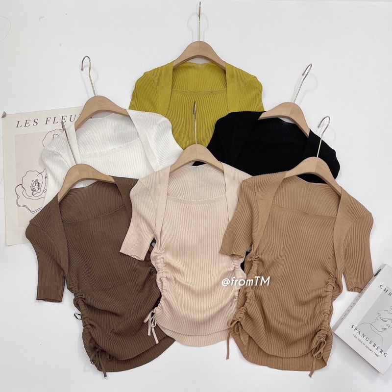 Áo len cổ vuông rút dây 2 bên