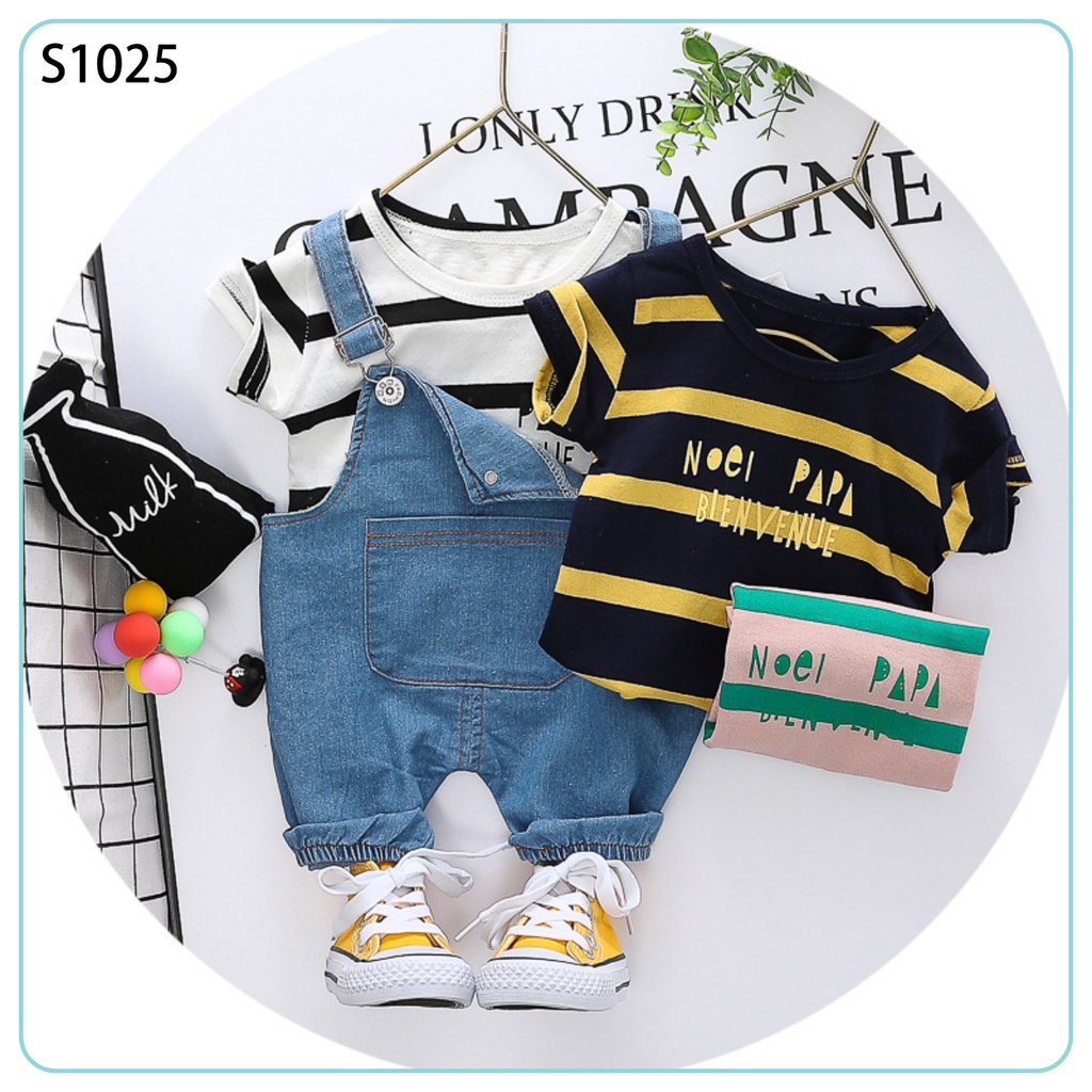 Thời Trang Trẻ Em 💕𝑭𝑹𝑬𝑬𝑺𝑯𝑰𝑷💕 Set Áo Sọc Yếm Jean Cho Bé Từ 0 - 4 Tuổi - S1025