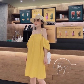 Váy 2 dây trễ vai 3 màu chất đũi điệu đà