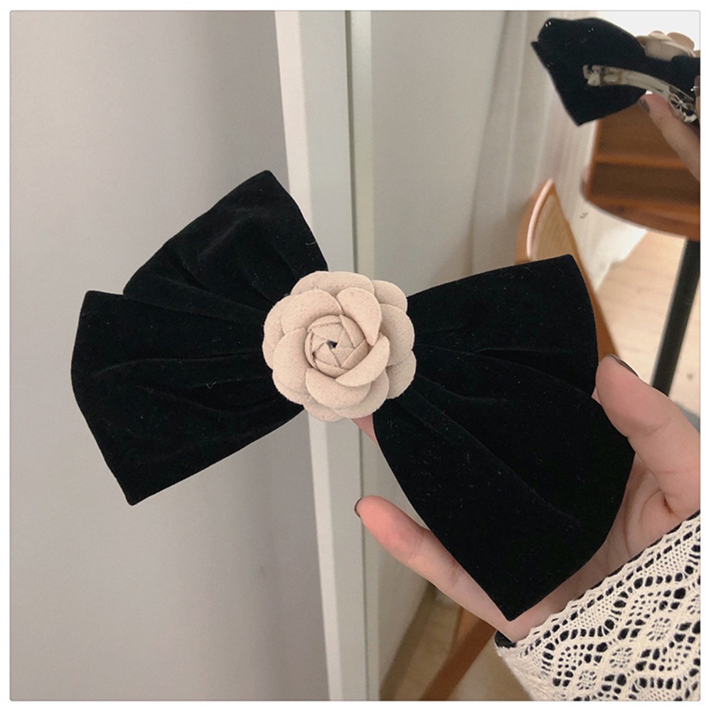 Kẹp tóc nơ bằng nhung màu đen phong cách vintage thời trang