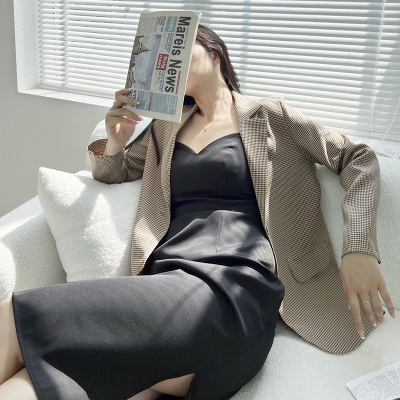 Áo khoác blazer nữ 1 lớp dáng dài tay dài Huien Design hoạ tiết kẻ nâu thời trang công sở, áo vest nữ Hàn Quốc