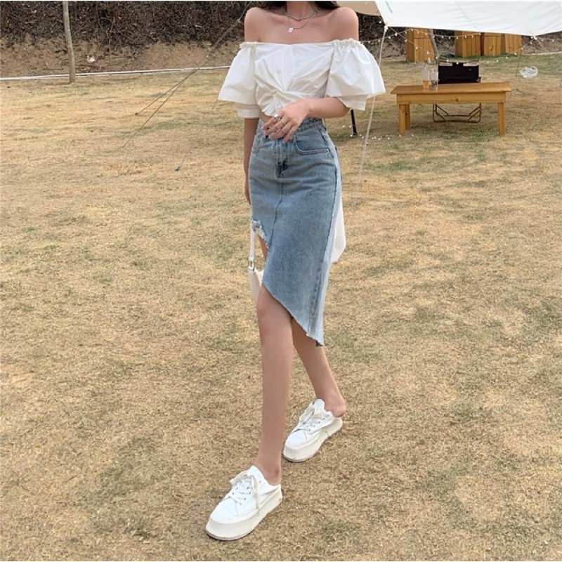 Áo trễ vai buộc nơ lưng tay phồng dáng ngắn croptop ulzzang