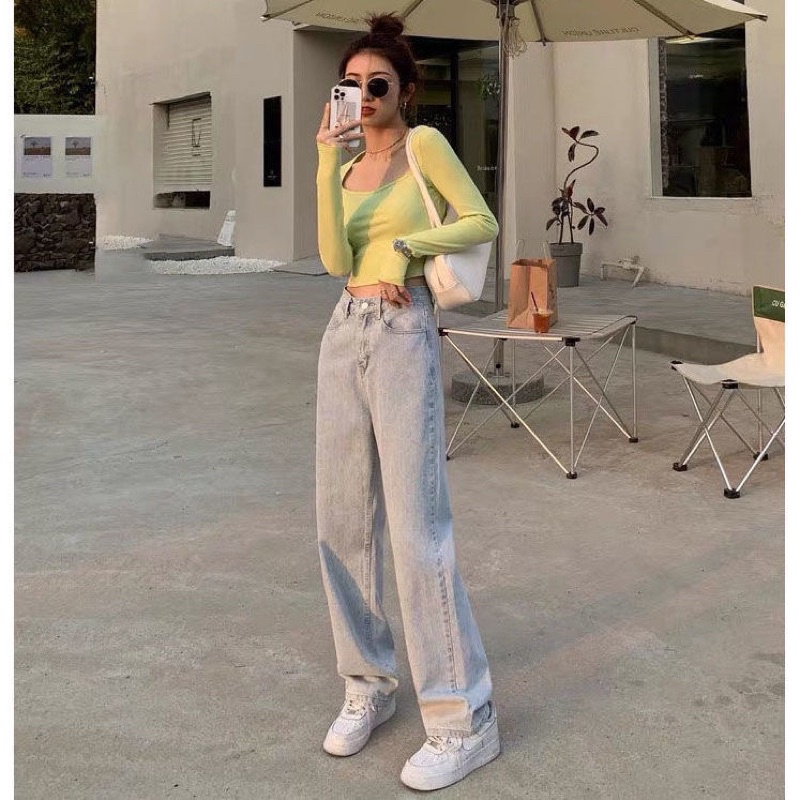 Quần jeans nữ ống suông trơn lưng cao dáng rộng màu xanh phong cách Ulzzang Hàn Quốc chất liệu co dãn nhẹ cao cấp
