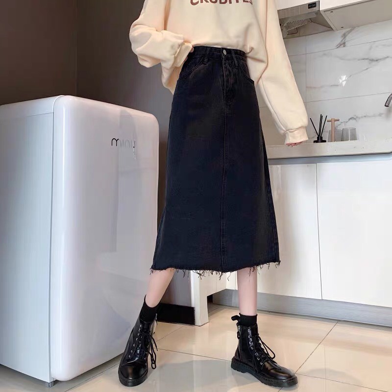 Chân váy nữ cạp cao, chân váy midi tua gấu xẻ sau phong cách_A10