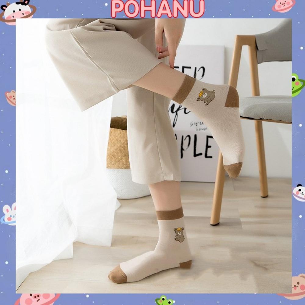 Tất cao cổ Pohanu vớ in hình gấu nâu cute nữ cotton co dãn phong cách vintage TN139