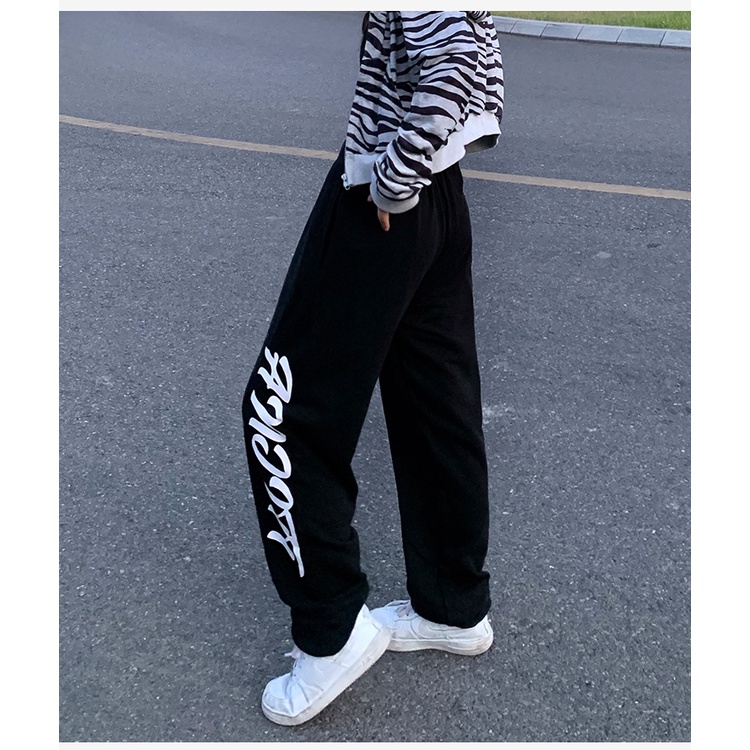 Quần Thể Thao Ống Rộng Lưng Cao In Họa Tiết Thời Trang Hàn Quốc Cho Nữ