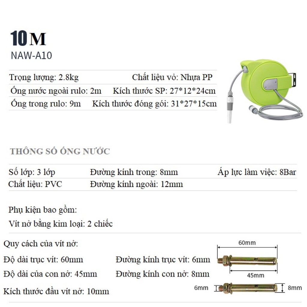 Bộ Rulo Cuộn Dây Nước Vòi Tưới Cây Tự Động 10 mét Lionking NAW-A10. Ru lo thu quấn ống nước tự động
