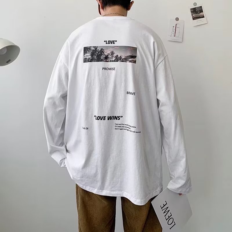 Áo Thun Tay Dài Cổ Tròn Dáng Rộng In Chữ Phong Cách Hip Hop Hàn Quốc Thời Trang Cho Nam Size M-5XL