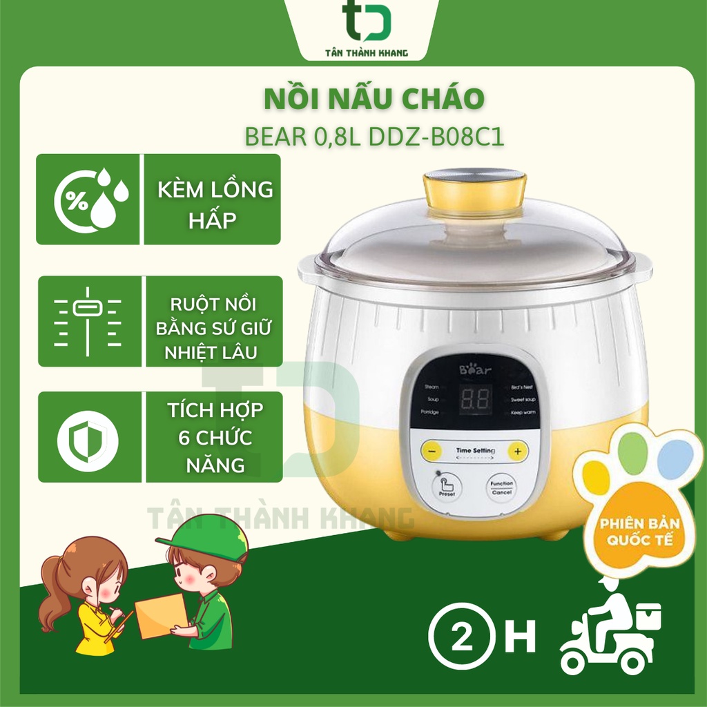 Nồi Nấu Cháo Cho Bé, Nồi Nấu Chậm_Hầm Cháo Đa Năng, Kèm Lồng Hấp_BEAR Dung Tích 0,8L - Bảo Hành 12 Tháng