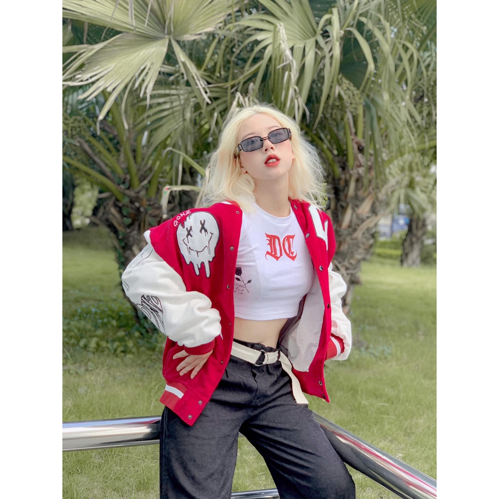 Áo khoác bomber varsity GONZ AKN19  nhung tăm áo bóng chày bomber jacket mặt cười - Fan Unisex