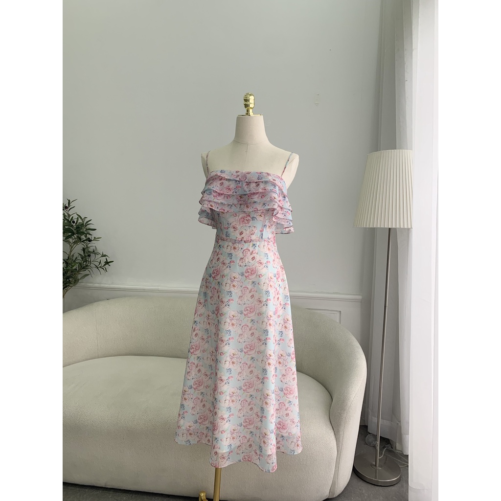 TIELA Đầm váy hoa hồng xanh hai dây bèo ngực - Peony Dress