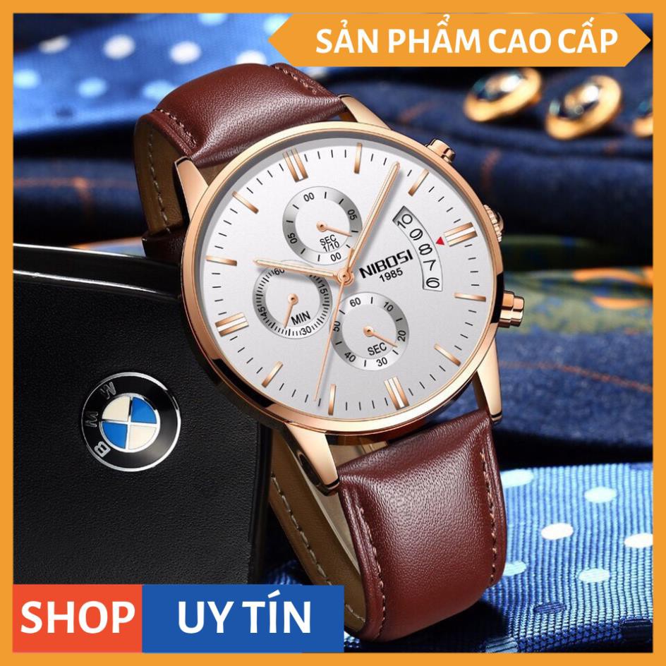 Đồng Hồ Nam NIBOSI 1895 Dây Da cao cấp Full 6 kim ( Dây Nâu, Mặt Trắng ) + FULL BOX [HÀNG CAO CẤP] | BigBuy360 - bigbuy360.vn