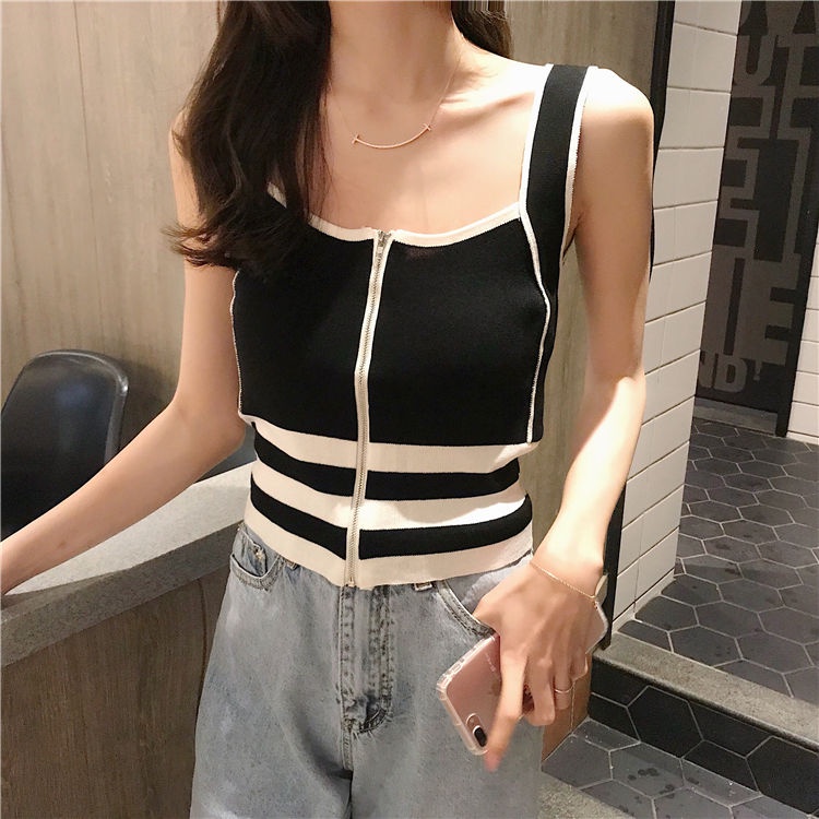 Áo Dệt Kim Không Tay Dáng Ngắn Màu Đen Có Khóa Kéo Thời Trang Mùa Hè Cho Nữ