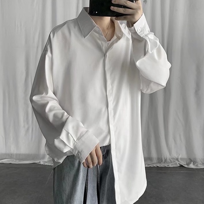Áo Sơ Mi Tay Dài Dáng Rộng Màu Trơn Thời Trang Hàn Quốc Trẻ Trung Cho Nam