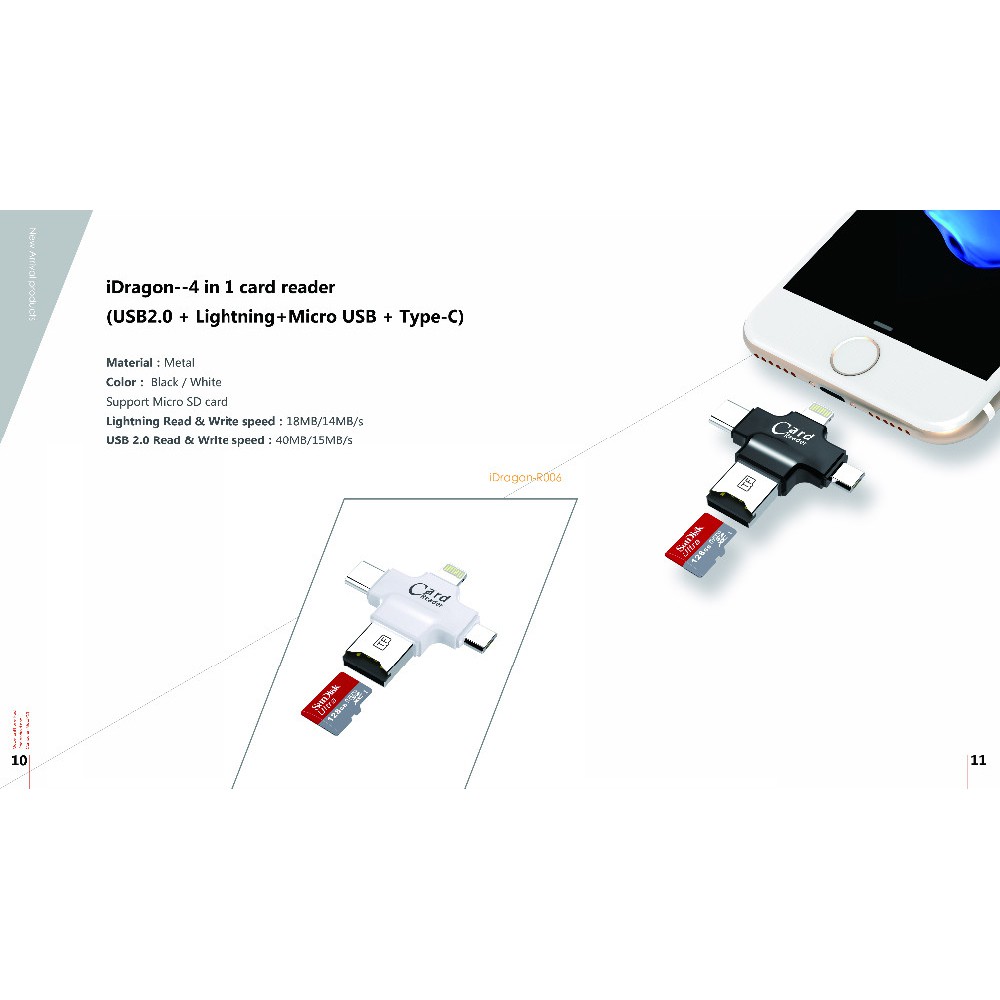 Đầu Đọc Thẻ Otg 4 Trong 1 Lightning & Micro Usb & Usb Type C Đen