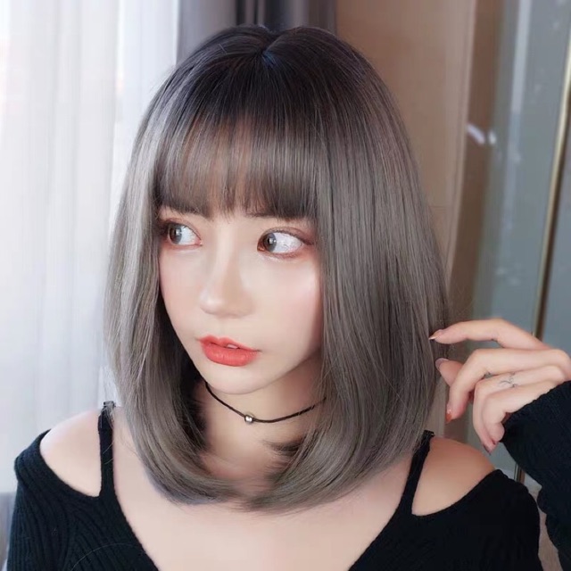 Tóc giả nguyên đầu cúp 35cm chân đen xám nâu  6119