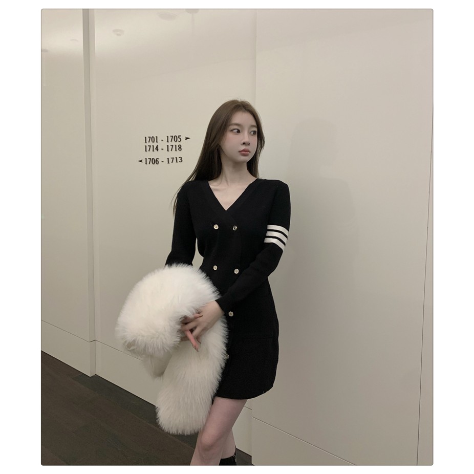 Đầm len dài tay kẻ sọc phong cách tiểu thư thanh lịch sang trọng hàng Quảng Châu đầu mùa thu mới 2021