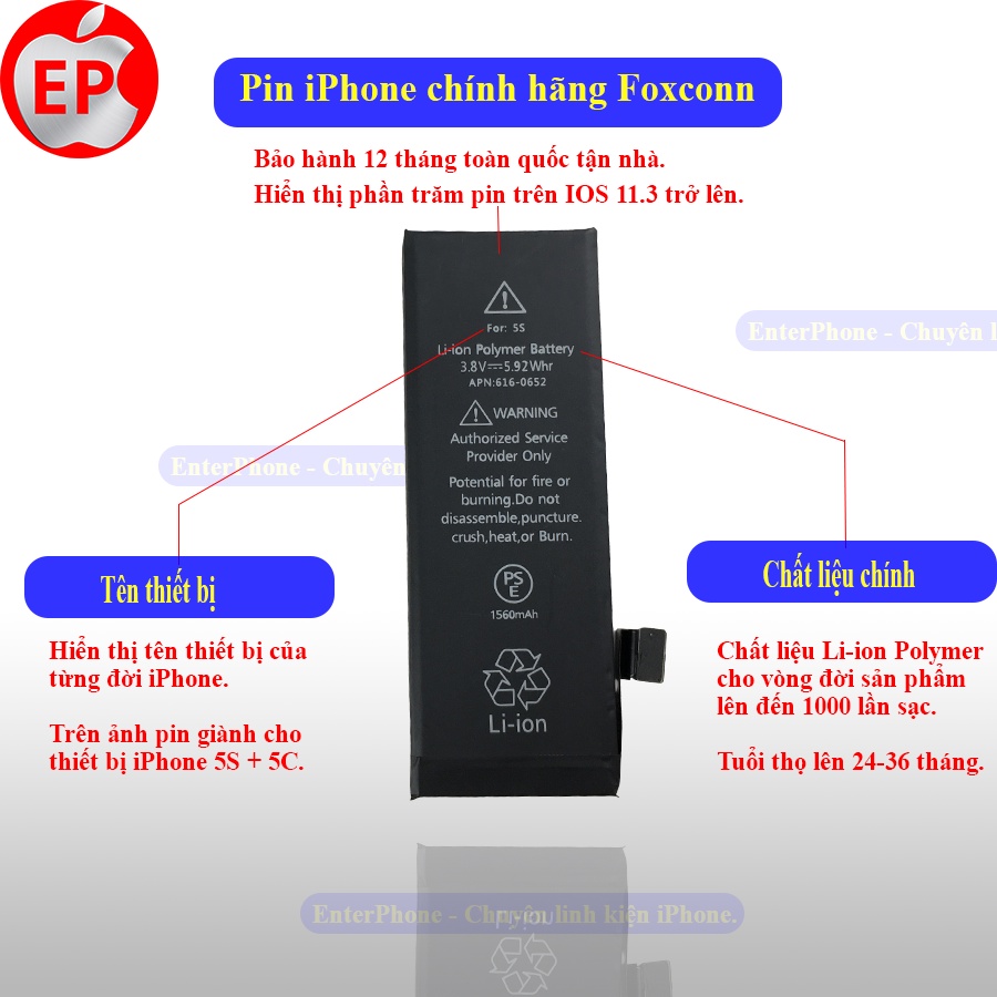 Pin iPhone 5/ 5S/ 5C chính hãng Foxconn bảo hành 12 tháng.