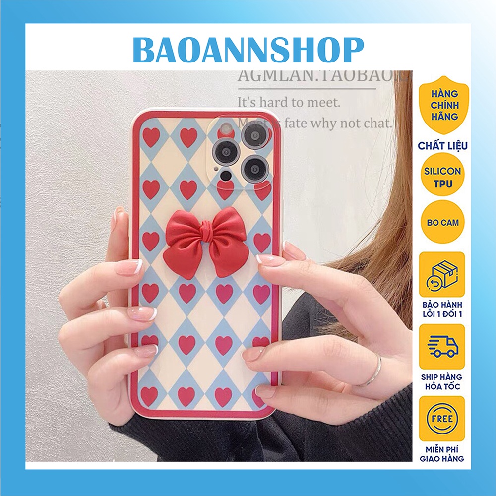 Ốp lưng iphone hình trái tim gắn nơ nổi T10 dẻo viền vuông bảo vệ camera 7plus/8plus/x/xs/xsmax/11/12/13/14/pro/promax