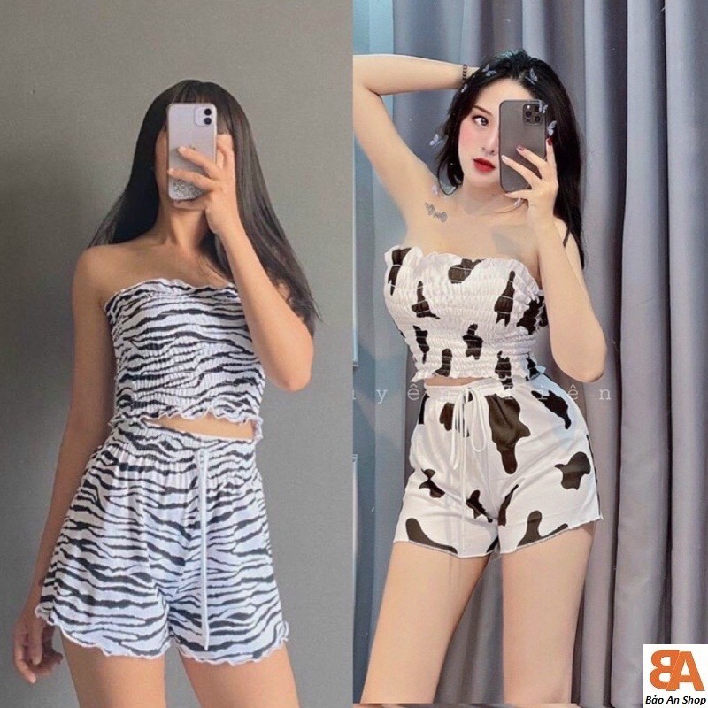 Set bộ nữ áo ống nhún phối quần đùi lưng thun bò sữa và vằn