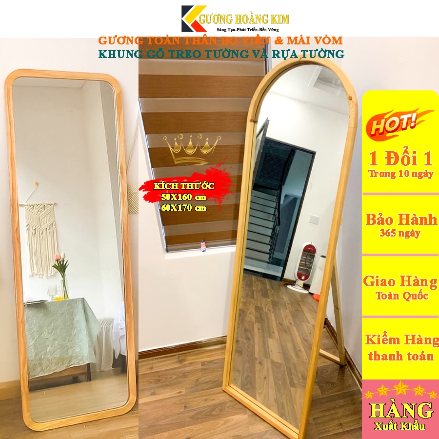 Gương toàn thân khung gỗ có chân di động dựa tường treo tường giá rẻ kích thước 50x160, 60x170 cm - guonghoangkim mirror