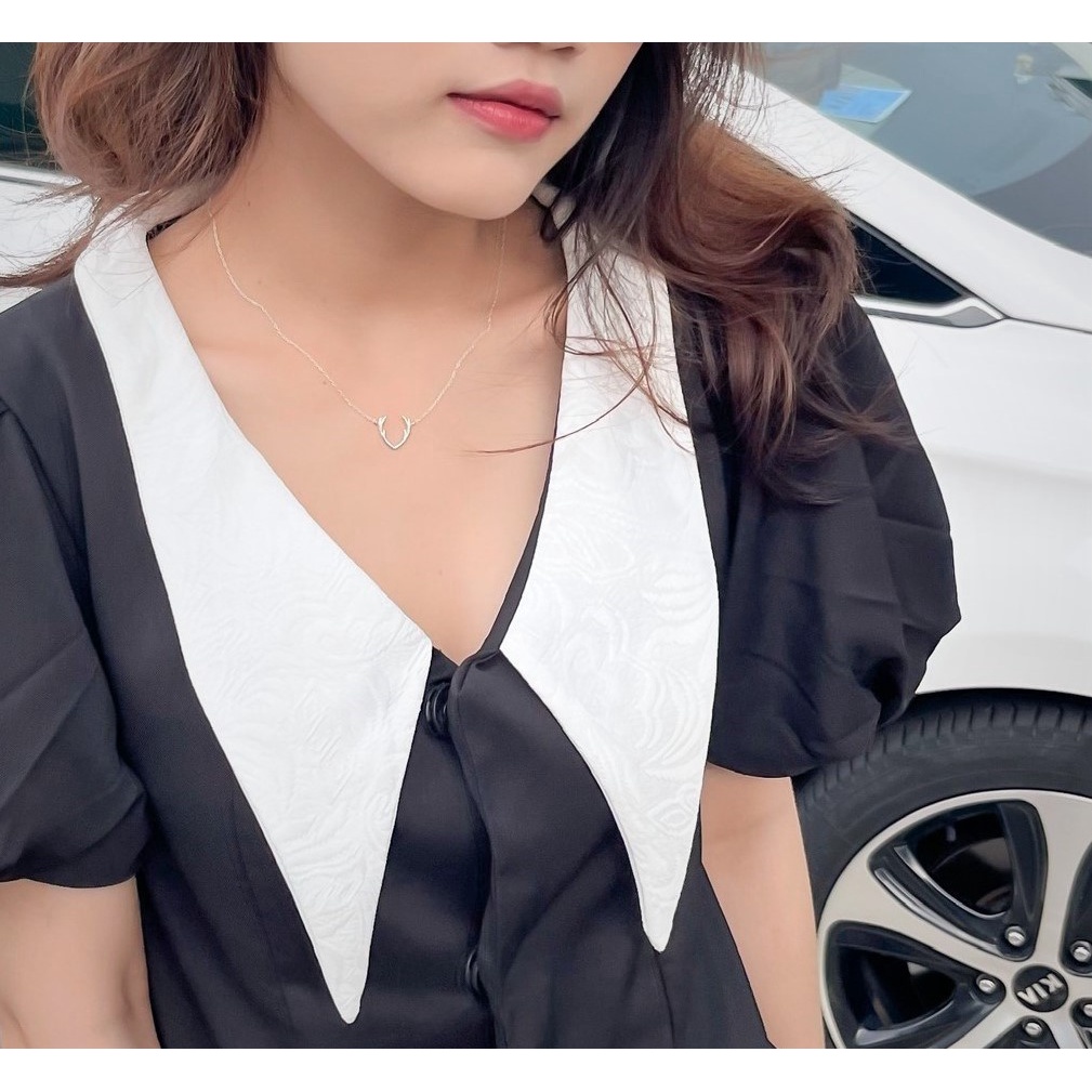 (HÀNG SẴN - ẢNH THẬT) Váy đen cổ gấm có 2 túi đắp, đầm form chữ A tay bồng trên gối trẻ trung, cá tính