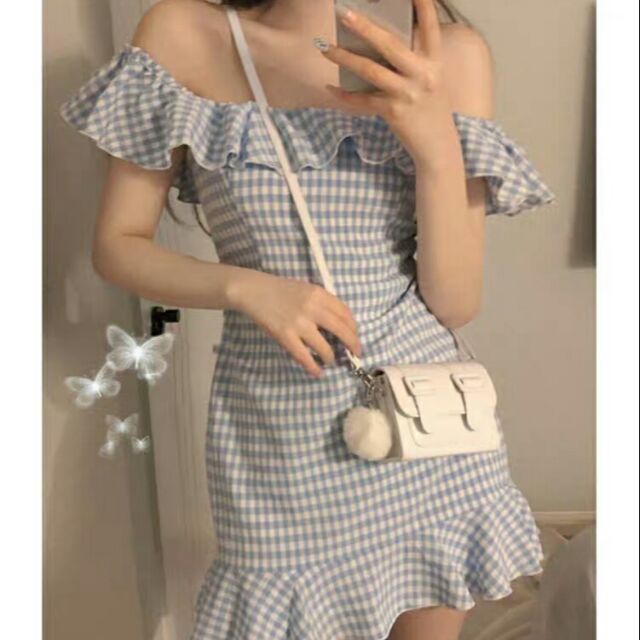 VÁY TRỄ VAI KẺ MÀU XANH CARO BÈO NHÚN